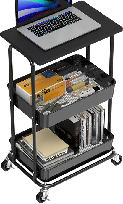 Simple Houseware 2-Tier Rolling Utility Cart Wood Top/Lockable Wheel, Black | Metal Storage Organizer Trolley for Kitchen, Bathroom, Office, Craft Room