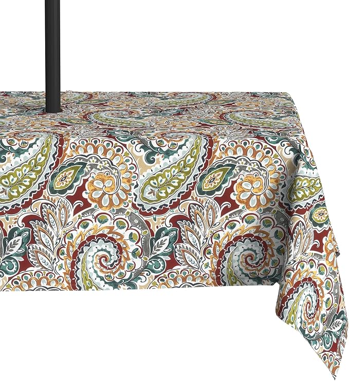 LVTXIII Rectangle Outdoor Tablecloth with Umbrella Hole and Zipper, Water-Repellent 60 x 84 Inch Patio Table Cover for Picnic, Garden, Backyard Dining, Vibrant Paisley