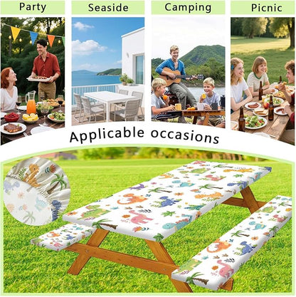 Funny Dinosaur Picnic Table Cover with Bench Covers and Bag, Camping Essentials, Animal Waterproof Windproof Fabric, Fitted Tablecloth Cover with Elastic Edge, for Indoor & Outdoor, 3 PCS, 30x96 Inch