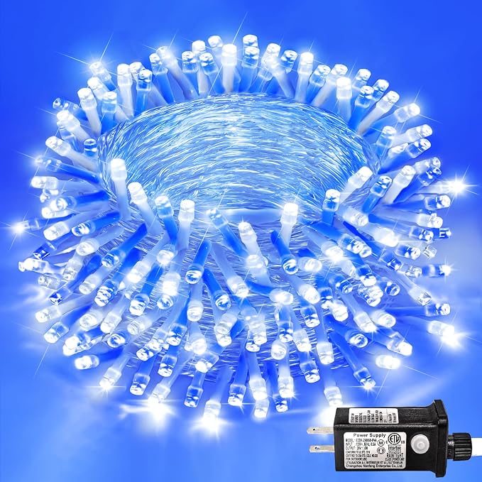131FT 400 LED Outdoor String Lights, Blue and White Christmas Lights Indoor | Plug in Waterproof 8 Modes Clear Wire String Twinkle Lights for Bedroom Outside Patio Yard Xmas Party Holiday Decorations