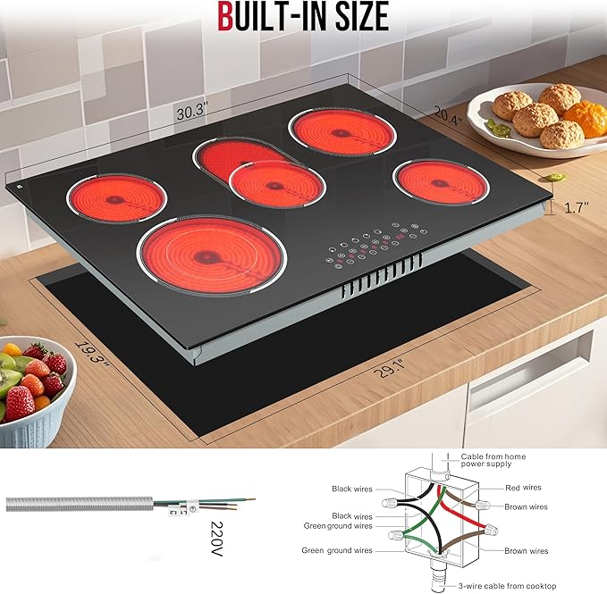 30 Inch Electric Cooktop, Built-in 5 Burner Electric Stovetop 8400W for Big Family Cooking & Feasts, 30" Glass Ceramic Cook Top with Oval Expanded Zone, Child Lock, Timer, 220V No Plug