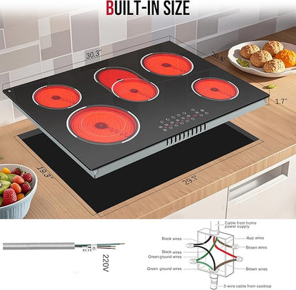 30 Inch Electric Cooktop, Built-in 5 Burner Electric Stovetop 8400W for Big Family Cooking & Feasts, 30" Glass Ceramic Cook Top with Oval Expanded Zone, Child Lock, Timer, 220V No Plug