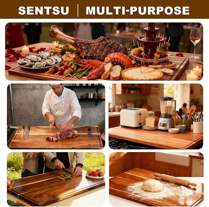 Sentsu Acacia Wood Cutting Board 36 x 24, Extra Large Wood Cutting Board for Kitchen, Butcher Block Cutting Board with Juice Groove and Handles, Stove Top Cover and Large Charcuterie Board
