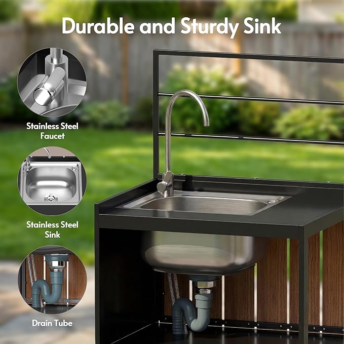 ENSTVER Modular Outdoor Kitchen with All-Aluminum Island & Cabinets, Stainless Steel Sink, Food-Safe Countertop, Outdoor Kitchen Island for Patio, Deck, Backyard,Black