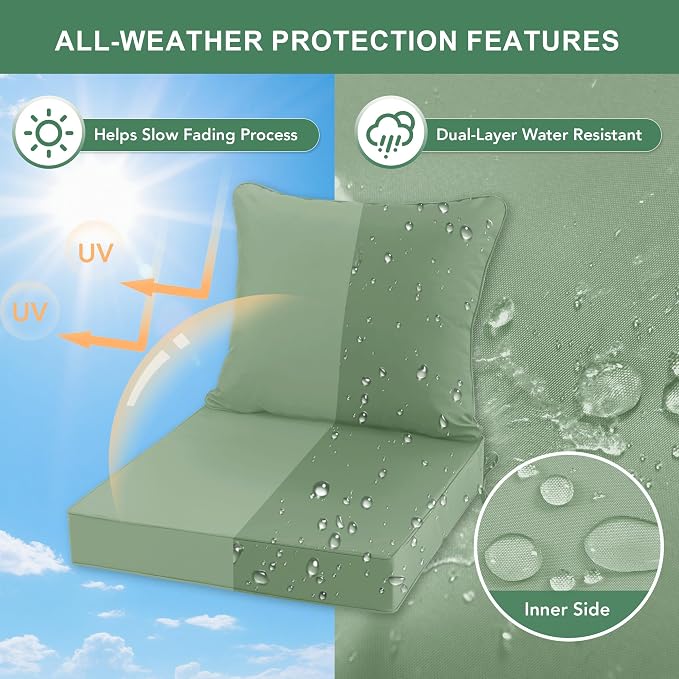 Summsun Outdoor Chair Cushions, 22 x 22 Inch, Sage Green | Double-Sided Water Resistant, Removable Cover, Back Pillow & Seat Cushion, Tie Straps, Fit for Patio, Garden, Sofa Couch