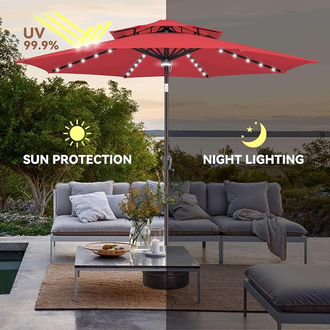 Solar Patio Umbrella Outdoor with Centre Light, 9 ft Red | 2 Tiers, 40 LED Lights, UV Protection, Solar Outdoor Umbrella for Porch, Deck, Pool, Garden, Provides Evening Lighting