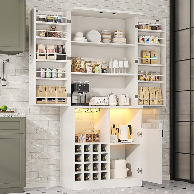 kepptory 72" Tall Kitchen Pantry Storage Cabinet, Freestanding Bar Cabinet with RGB LED Light, White Kitchen Buffet Sideboard with Doors for Dining Room Living Room