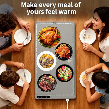 Food Warming Mat Extra Large, Electric Warming Tray with 6 Temperature Settings and Hours Timer, Full Surface Heating Food Warmer Mat, Silicone Heating Tray for Gatherings Parties, Grey