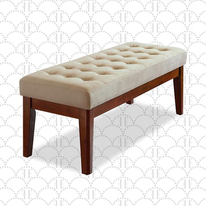 Elle Decor Claire Button Tufted Upholstered Bedroom Bench, Modern Fabric Padded Ottoman with Wooden Legs, Beige