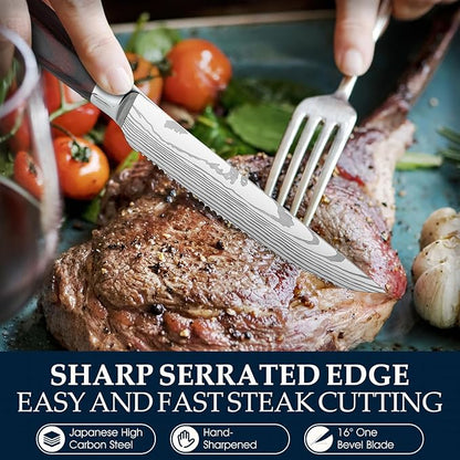 PURPLEBIRD Steak knives Set of 6, Serrated Steak Knife Set 4.5 Inch, Japanese High Carbon Steel Kitchen Steak Knife, Sharp Steak Knives with Wood Handle, Dinner Knife with Gift Box for Mom Dad