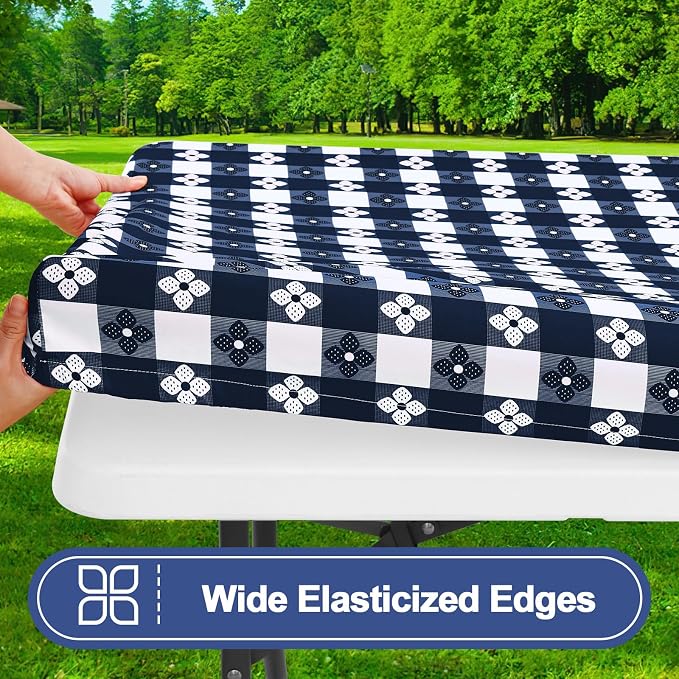 Smiry Picnic Table Cover with Bench Covers, Waterproof Elastic Fitted Tablecloth for 5 Foot Tables, Washable Polyester Tablecloths for Camping & Indoor (Dark Blue & White, 30x60 Inch 3-pc Set)
