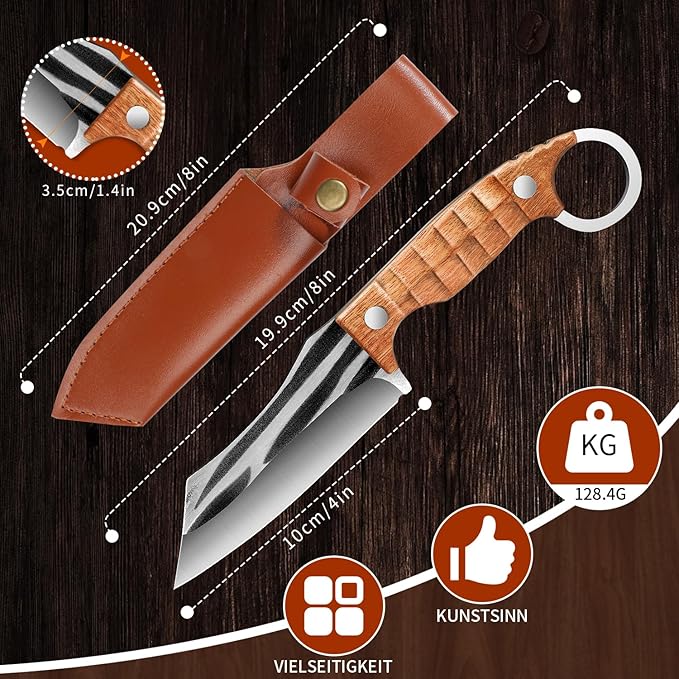 Plys Camping Knife 4” Fillet & Bushcraft, Fixed Blade Hunting Knives, Full-Tang Blade, Ergonomic Rosewood Handle with Finger Guard, Outdoor/Hiking/BBQ, Lanyard Hole, Gift Box