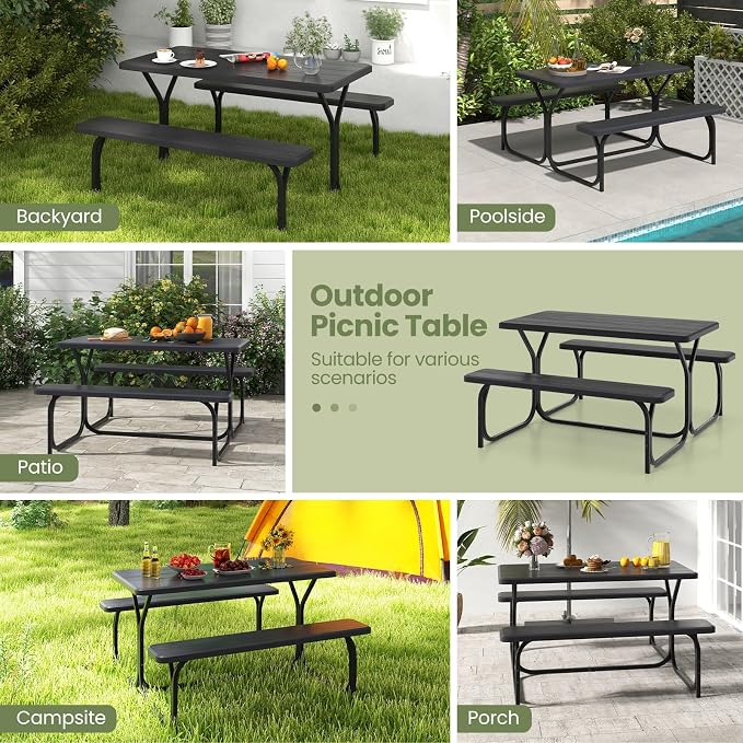 Picnic Table, Outdoor Dining Table with 2 Benches, Wood Grain Tabletop, Heavy Duty Metal Frame, Portable Picnic Table for Outdoors Backyard Garden Lawn Patio Poolside Deck (Black)
