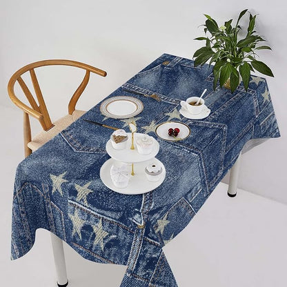Denim Patchwork Style Tablecloth, Fashionable Blue Denim Jean Pocket Design Water Resistant Wipeable Table Cover for Farmhouse Picnic Party Holiday Kitchen Dinner Table 55"x55"