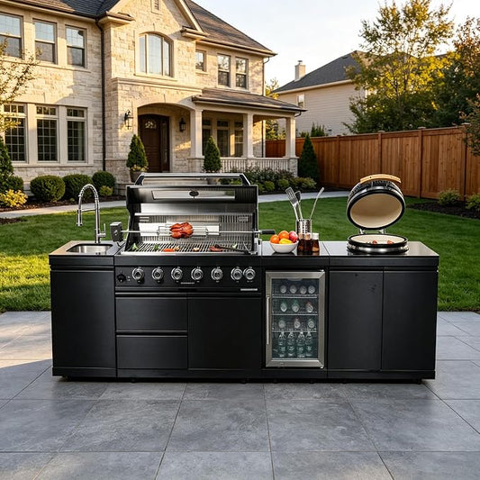 115" Outdoor Kitchen Island,Propane Grill with Kamado Grill.85000 BTU. | Stainless Steel Grill with Rotisserie,Refrigerator,Sink,Granite Countertop,Storage Cabinets,Grease Tray.Sleek Black Finish