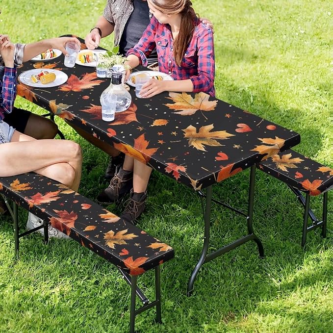 Classic Maple Leaf Elastic Fitted Table Cloth for Camping Party Supplies 3 PCS Set Thanksgiving Outdoor Picnic Table Cover with Bench Covers