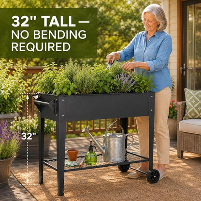 LEETOLLA Elevate 32" Raised Garden Bed with Wheels | Elevated steel planter box for outdoor vegetables, herbs, and flowers. 400 lb capacity with drainage and shelf.