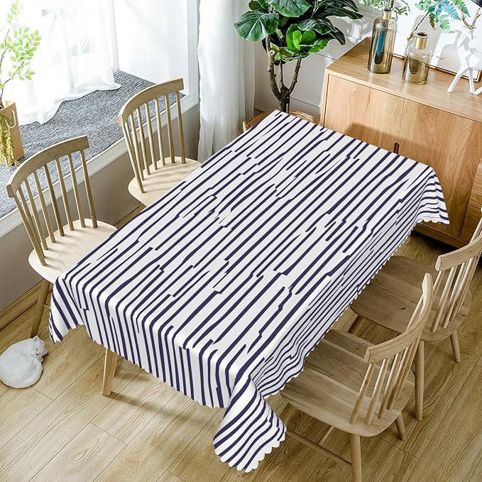 Navy Blue Stripes Tablecloth 60x120 Inch Rectangular Abstract Irregular Striped Table Cloth Dining Table Cover Dust-Proof Table Cover Protector for Home Restaurant Picnic Camping BBQ