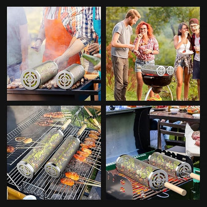 Rolling Grilling Baskets for Outdoor Grill, 2 Pcs BBQ Grill Basket, Stainless Steel Barbeque Grill accessories set, Camping Picnic Cooking Tools for Vegetable/Shrimp/Chicken, Gifts for Men Dad Husband
