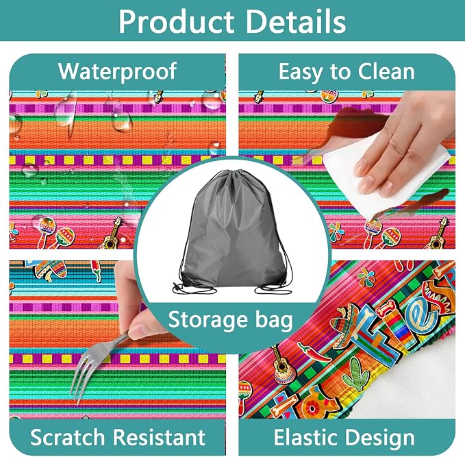 Mexican Fiesta Picnic Table Cover with Bench Covers and Bag, Camping Essentials, Cinco De Mayo Printed Table Cloth Waterproof Fitted Tablecloth Cover with Elastic Edge for Outdoor 3 PCS 30x96 Inch