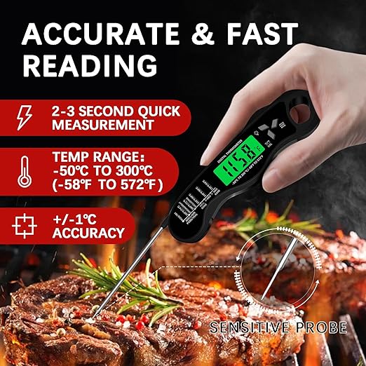 Meat Thermometer Digital，IP67 Waterproof Cooking Thermometer with Backlight, Calibration & Hold Function，Food Thermometer for Cooking,Outdoor Grilling