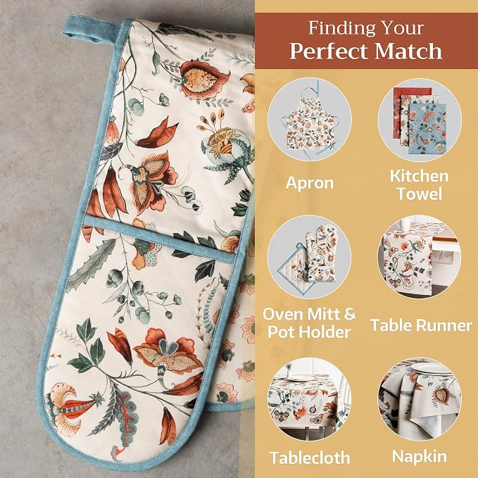 Maison d' Hermine Double Oven Mitts 100% Cotton Double Oven Glove (7"x35") | Heat Resistant BBQ Cooking Gloves with Loop Baking Kitchen Home Hotel Farmhouse Thanksgiving Christmas - Dalida