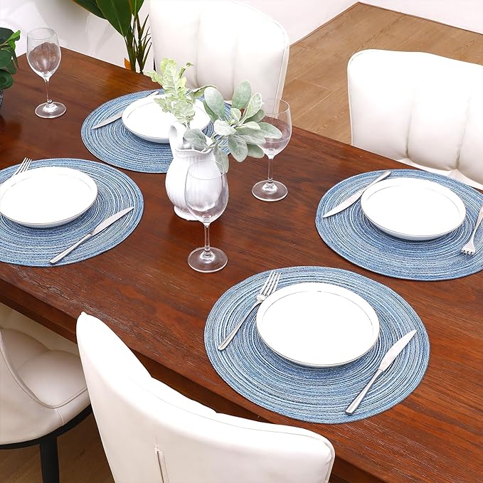 SHACOS Round Braided Placemats Set of 8 Circle Place Mats Cotton Polyester Kitchen Table Mats for Dining Table Wedding Party Decor (Blue Gray, 8)