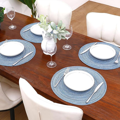 SHACOS Round Braided Placemats Set of 8 Circle Place Mats Cotton Polyester Kitchen Table Mats for Dining Table Wedding Party Decor (Blue Gray, 8)