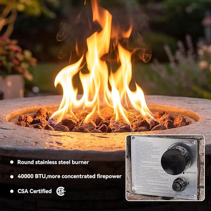 COSIEST Outdoor Propane Concrete Fire Pit Table w Imitation Stone Surface 32-inch Round Fire Table, Certified, 40,000 BTU Stainless Steel Burner, Free Lava Rocks, Fits 20lb Tank Inside