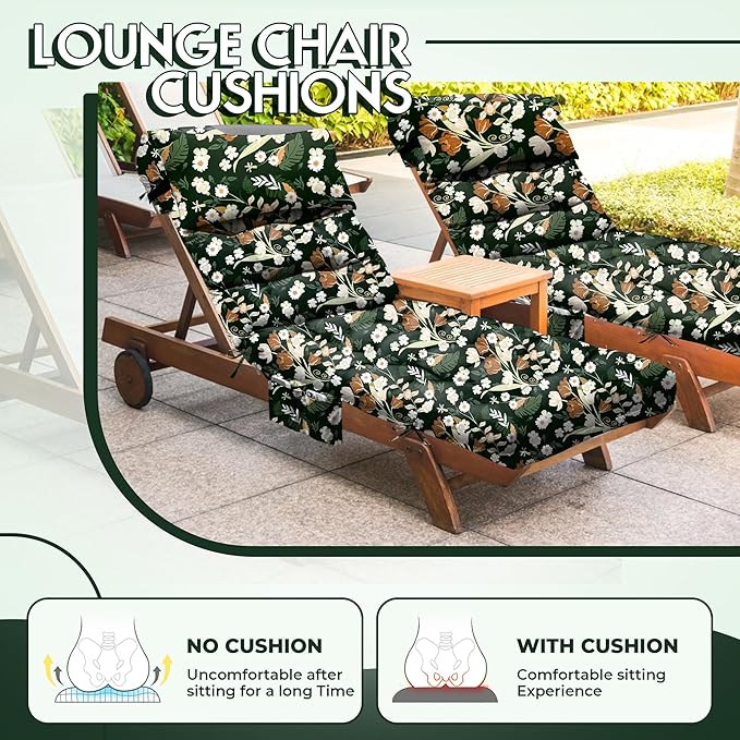 Outdoor Chaise Lounge Chair Cushion, Waterproof Outdoor Chair Cushions for Patio Furniture, 71 x 21 x 4 Inches Replacement Chaise Lounge Cushion with Ties (Black Flower)