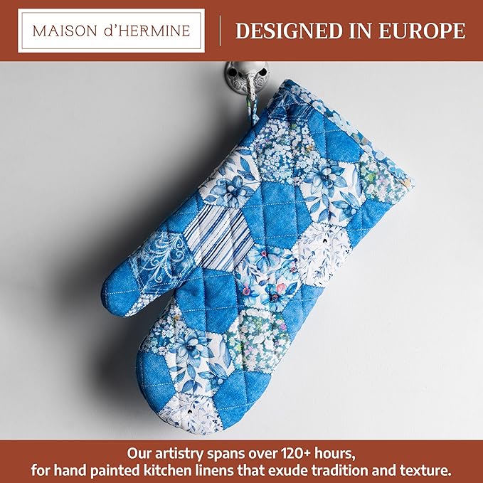 Maison d'Hermine Oven Gloves 100% Cotton Oven Mitt 7" x 13" with Loop Heat Resistant BBQ Cooking Gloves Baking Grilling Kitchen Hotel Home Farmhouse Spring Summer (Pack of 1, Summer Blues)