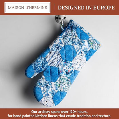 Maison d'Hermine Oven Gloves 100% Cotton Oven Mitt 7" x 13" with Loop Heat Resistant BBQ Cooking Gloves Baking Grilling Kitchen Hotel Home Farmhouse Spring Summer (Pack of 1, Summer Blues)