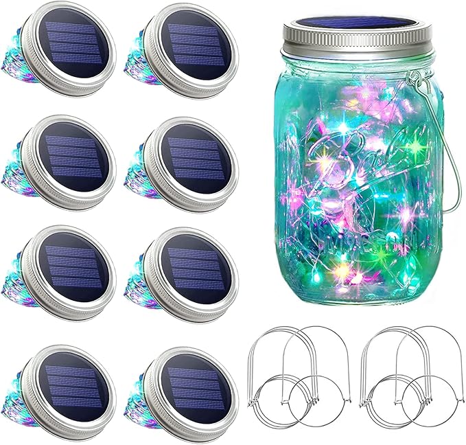 SunKite Solar Mason Jar Lights, 8 Pack 15 LED Waterproof Fairy Firefly Jar Lids String Lights with Hangers(NO Jars), Patio Yard Garden Wedding Easter Decoration - Multicolor