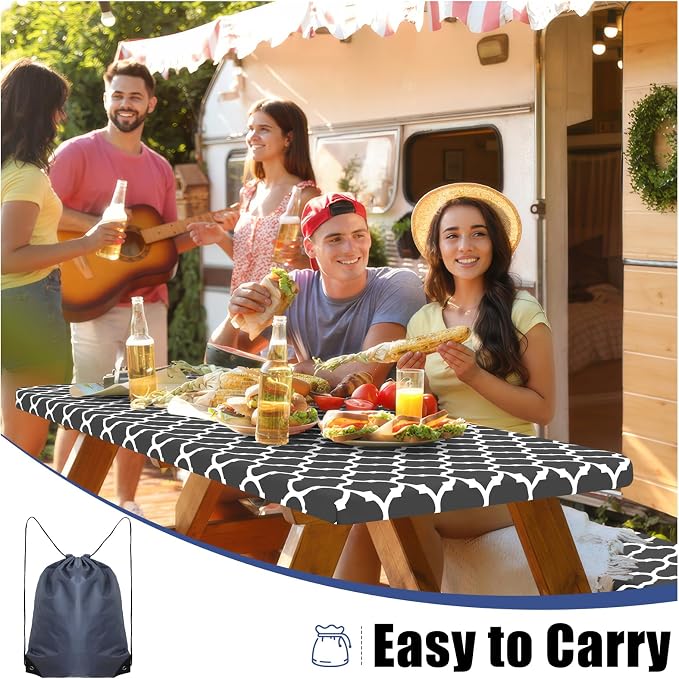 Smiry Picnic Table Cover with Bench Covers, Waterproof Elastic Fitted Tablecloth for 5 Foot Tables, Washable Polyester Tablecloths for Camping, Indoor & Outdoor (Dark Grey, 30x60 Inch 3-pc Set)
