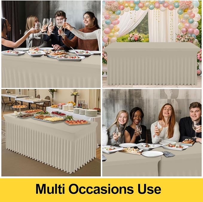 Smiry Spandex Elastic Fitted Table Cloth Skirt for 8FT Rectangle Table | Stretch Washable Table Cloth, Banquet Table Cover for Wedding, Party, Indoor & Trade Shows, (Taupe, 96Lx30Wx30H)
