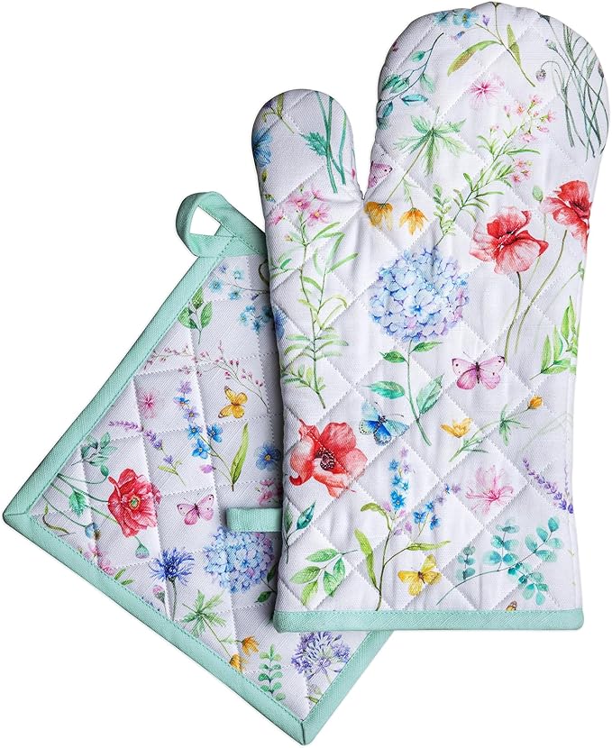 Maison d' Hermine 100% Cotton Oven Mitt & Pot Holder Set (7.5"x13" & 8"x8") Heat Resistant BBQ Cooking Gloves with Loop Baking Grilling Kitchen Hotel Home Farmhouse Spring Summer (Just Floral)