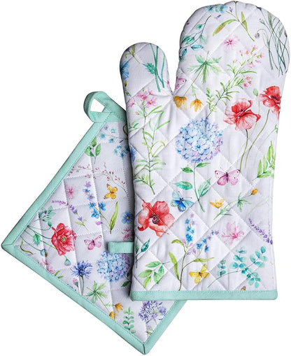 Maison d' Hermine 100% Cotton Oven Mitt & Pot Holder Set (7.5"x13" & 8"x8") Heat Resistant BBQ Cooking Gloves with Loop Baking Grilling Kitchen Hotel Home Farmhouse Spring Summer (Just Floral)