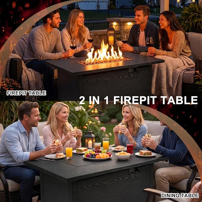 42 Inch Propane Fire Pit Table, 50,000 BTU Outdoor Gas Fire Pits with Removable Lid, 2 in 1 Rectangular Firepit Table for Outside Patio Deck and Garden (Black)