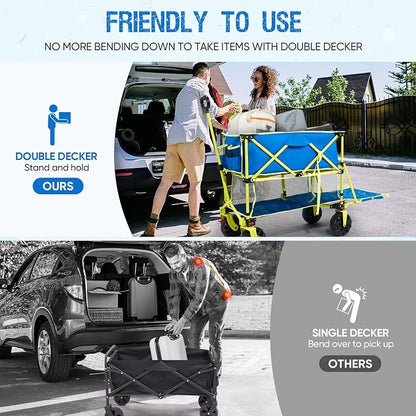 400L Collapsible Double Decker Beach Wagon with Brakes, Folding Beach Cart with 54" Extra Long Decker, 450LBS Heavy Duty Wagon Chart with All-Terrain Big Wheels for Sand Camping Garden