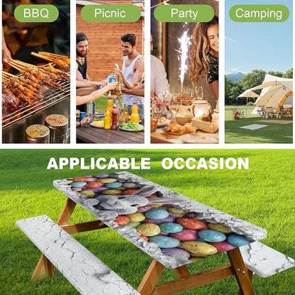 ANNA QUEEN Easter Bunny 6FT Picnic Table Cover with Bench Covers Set of 3 with Drawstring Bag, Bunny & Easter Eggs 72"x30" Waterproof Picnic Tablecloth & Bench Covers for Outdoor Party