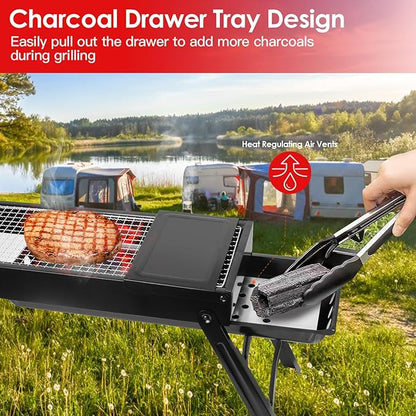 KOCASO Foldable Charcoal BBQ Grill with Shelf & Stainless Steel Grill Net - Easy Setup Portable Tabletop Barbecue Grill for Camping, Picnic, Outdoor Party, Backyard, Hiking, Traveling