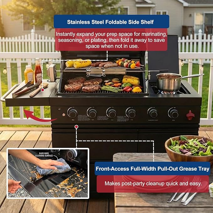 84" Modular Outdoor Kitchen Island, 75,300 BTU 6-Burner 304 Stainless Steel Gas Grill, Prefab BBQ Island Station with Side Burner, Rotisserie Kit, 70L Fridge & Sink, Propane to Natural Gas Ready