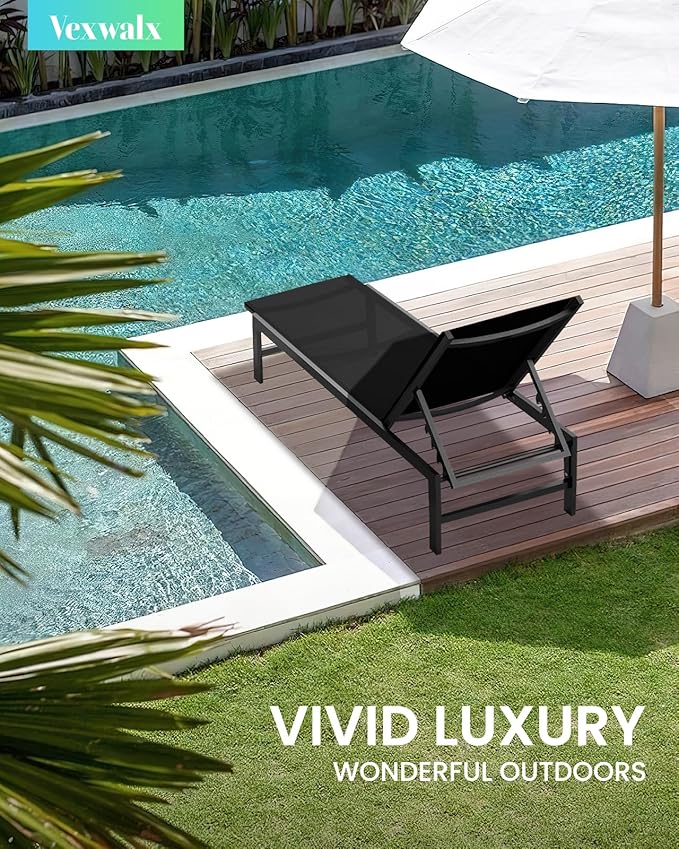 Vexwalx Outdoor Lounge Chair for Pool, Aluminum Chaise Lounge Chairs with 5-Position Recliner, Patio Lounge Chair for Backyard, Poolside, Deck, Lawn (Black)
