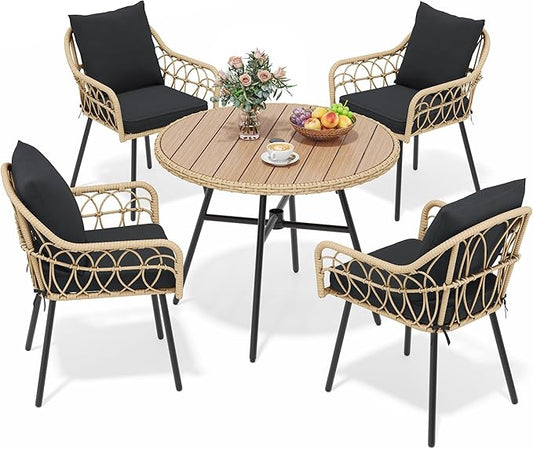YITAHOME 5-Piece Outdoor Dining Table Set for 4, Rattan Patio Furniture Set with 4 Armchairs, Patio Table and Chairs Set with Plastic Wood Tabletop for Deck, Backyard, Black