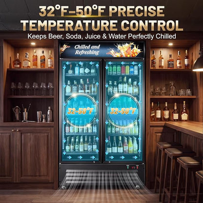 Velivi Commercial Beverage Refrigerator, Double Glass Door Display Cooler, Upright Drink Merchandiser with LED Lighting, Auto Closing Doors