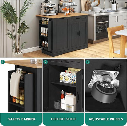 YITAHOME 50 Inch Rolling Kitchen Island with Trash Can Storage, Portable Mobile Islands Table with Drop Leaf, Floating Kitchen Butcher Block Cart on Wheels, Fits 13 Gallon Garbage Bin, Black