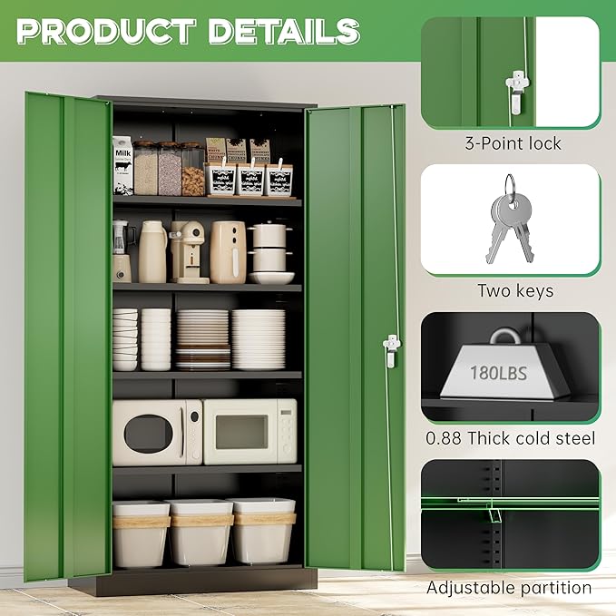 INTERGREAT Metal Storage Cabinet with Lock, 72" Steel Lockable Storage Cabinet with Locking Doors and Adjustable Shelves, Locking Tool Cabinets for Office, Home, Garage, Gym, School (Black Green)