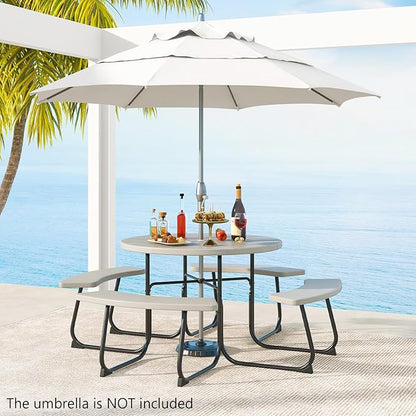 COSTWAY Round Picnic Table with Umbrella Hole, Outdoor Picnic Table with Bench Set for 4-8 People, HDPE Tabletop, Patio Dining Furniture Set for Family Gatherings, BBQ Party, Backyard (Grey)