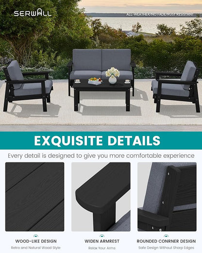 SERWALL 4 Piece HDPE Outdoor Furniture Set, All Weather Wood-Like Outdoor Sofa Sectional Couch, Black Patio Furniture Set with Grey Cushions