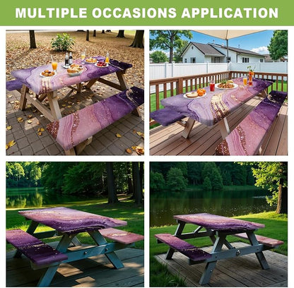 FOREVER QUEEN Picnic Table Cover with Bench Covers 72in,Waterproof Windproof Fitted Tablecloth, Purple Pink Marble with Gold Veins Camping Essentials with Drawstring Bag for Patio,Park & Backyard